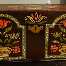 Original Norwegian Handmade Wooden Sewing and Knitting Chest, Traditional Painti