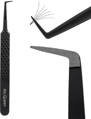 Ms.Queen Lash Tweezers for Eyelash Extensions, Diamond Grip 90 Degree Black 