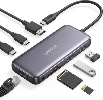 Anker USB C Hub mit Ethernet, 8-in-1 Multiport Ethernet Adapter 8-in-1, grau 