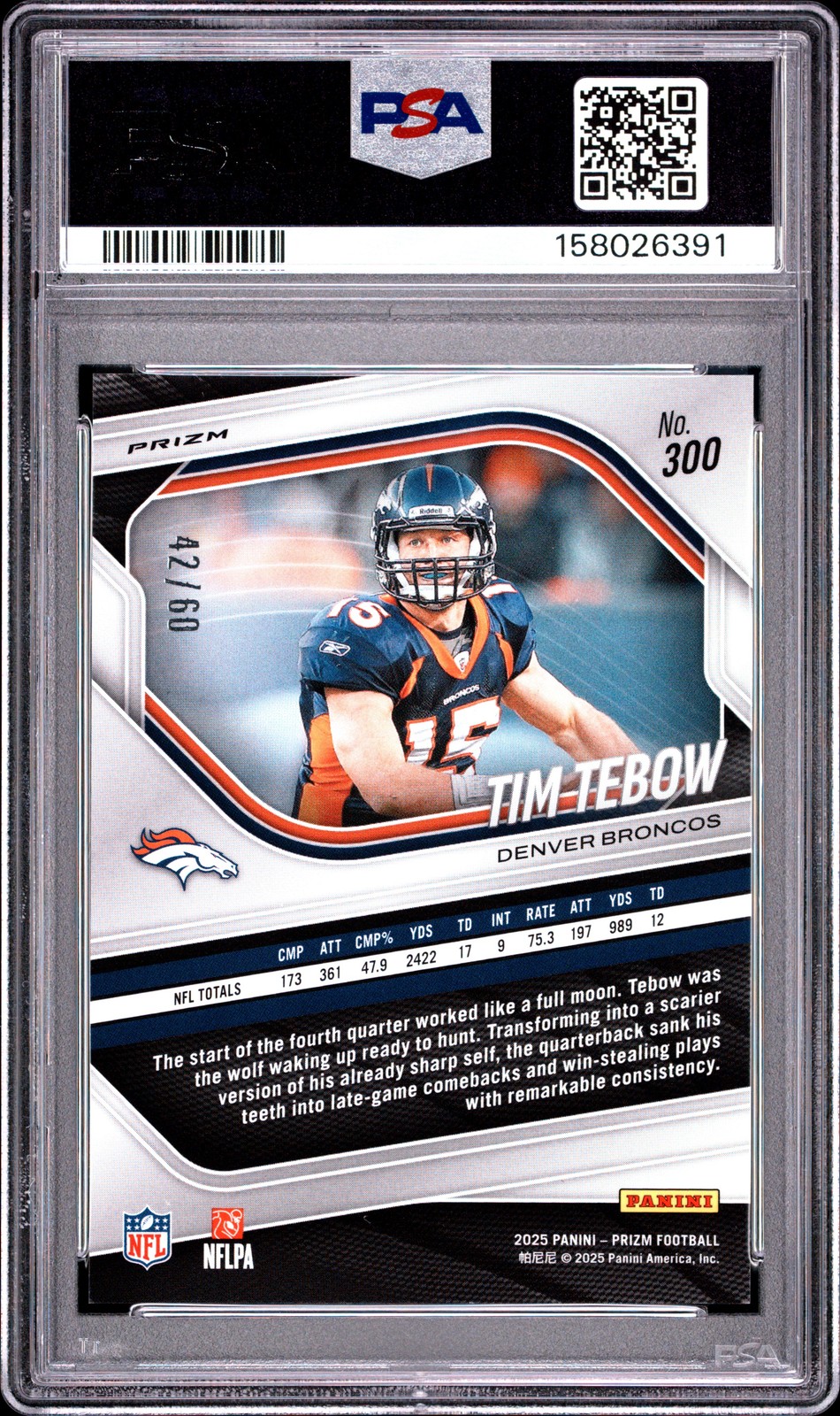 2025 Panini Prizm Tim Tebow #300 Super Bowl LX /60 PSA 10 Broncos POP 2 view 2