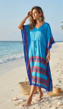 Turquoise Blue Kaftan Dress Print Drawstring Waist Boho Maxi Caftan Women L-2XL
