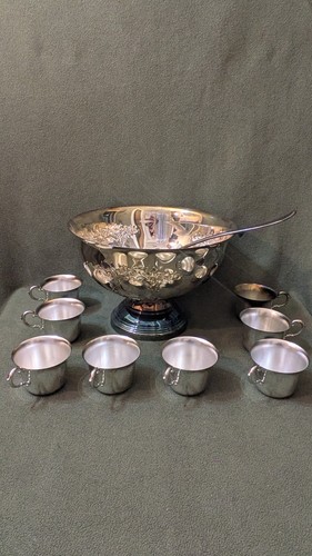 Vintage 1970s Oneida Silver Plated Punch Bowl Set w/ 8 Cups and Ladle