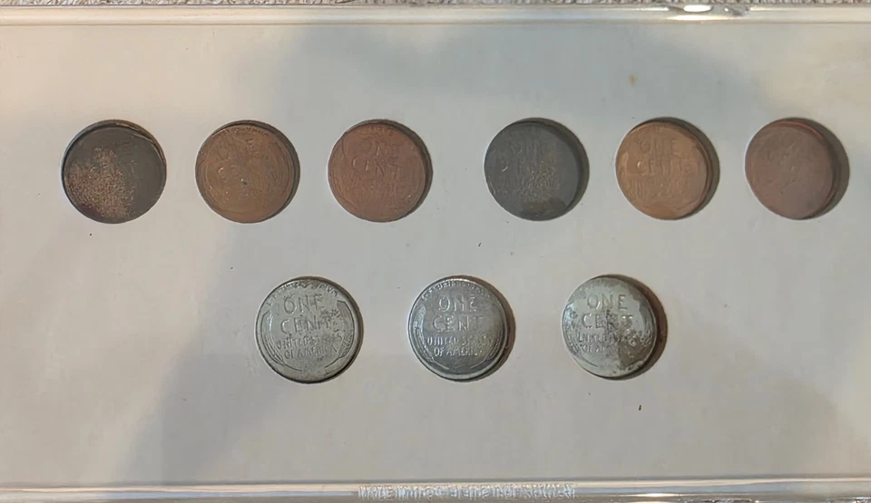 1943-1945S World War 2 Steel & Shell Case Cents 1C 9 Coin Set + 1998 Mint Proof - Image 2 of 4