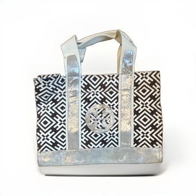 Tory Burch Geometric Tote Bag Black White Silver Trim Logo Lined Pockets