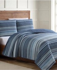 New KING SIZE ESTATE COLLECTION TAJ 3 PIECE QUILT Set Blue Stripe COASTAL BEACH