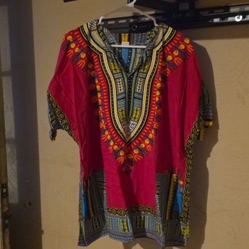 African Print Dashiki Pullover Tunic Top, Pink Multicolor, Cotton Woven, OS