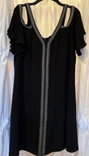 Vince Camuto Little Black Dress Cold-Shoulder Embroidered Rich Black Sz 10