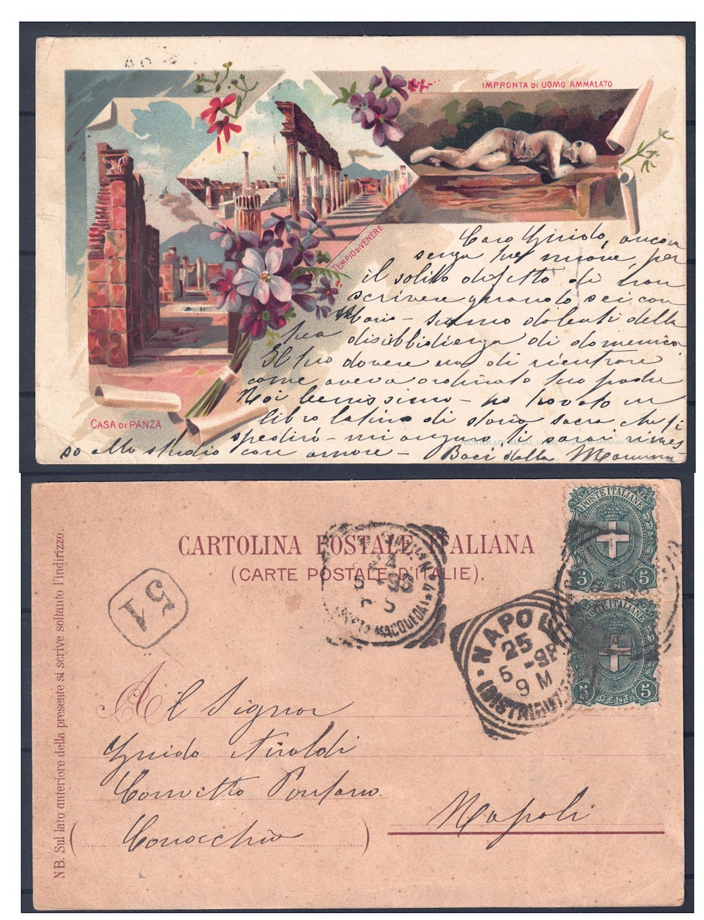 CARTOLINA Pompei Scavi - Illustrata Richter & C. - Viaggiata Napoli 1898