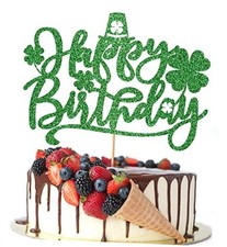 St. Patrick's Day Birthday Cake Topper  Glitter Lucky Four Leaf Clover Green
