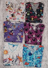 Lot 6 Disney Scrub Tops Mickey Minnie Mouse Olaf Nemo Peanuts Woodstock Womens M