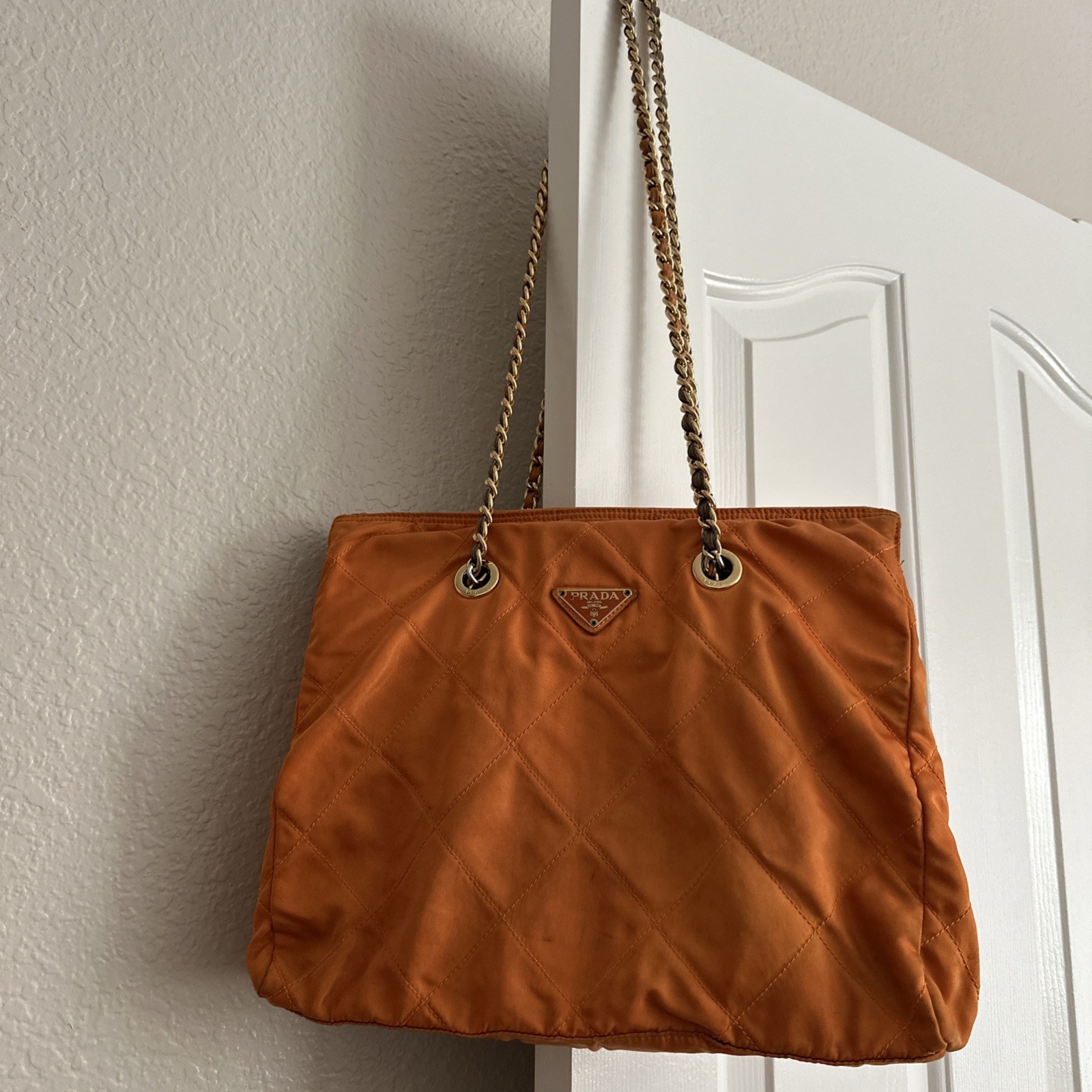 PRADA Chain Tote Shoulder Bag Vintage 1990s Orange Nylon Gold Hardware Italy