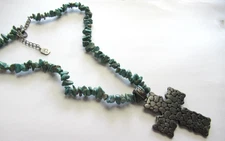 Vintage  Victorian Revival  Yousef Signed Turquoise Cross Pendant Necklace