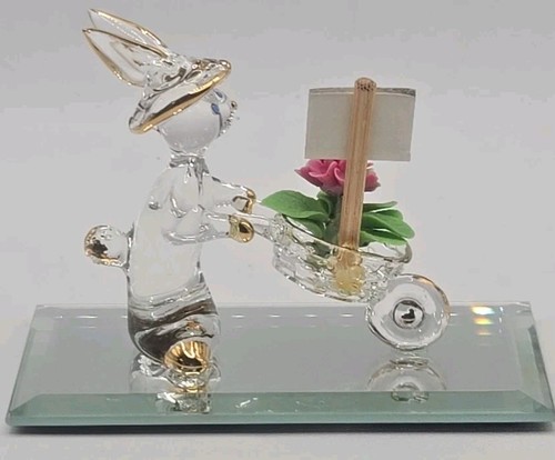 RARE Glass Baron easter rabbit pushing a cart w/ flowers attached mirror base - Picture 3 of 4