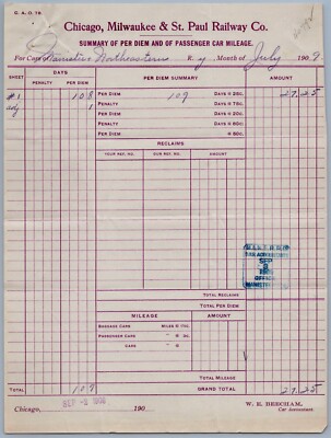Chicago Milwaukee & St Paul Railway Per Diem Report Passenger Car Mileage Usage