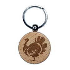 Turkey Silhouette Thanksgiving Engraved Wood Round Keychain Tag Charm