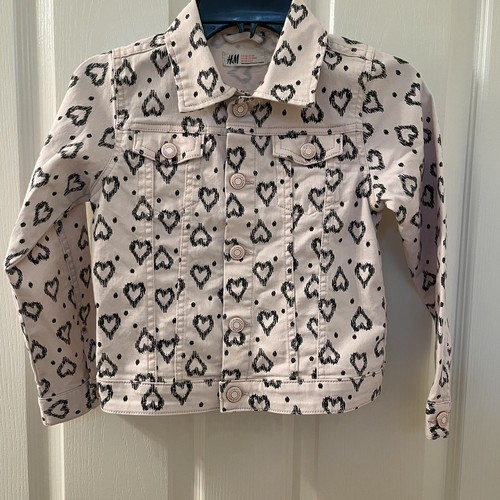 H&M Pink Black Hearts Denim Twill Jacket Snap Buttons Girls Size 7-8 years - Picture 7 of 12