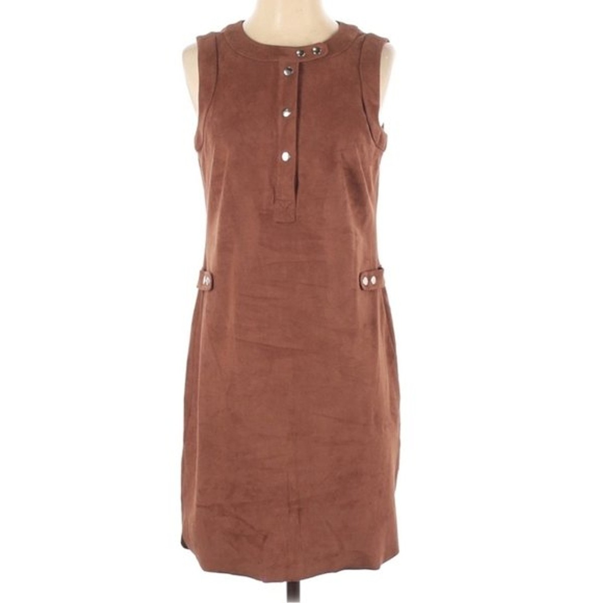 1. State Faux Suede Brown Stretch Button Sleeveless Crew Neck Henley Mini  Dress