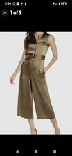 Caara Women's Large Olive Green Sleeveless Wide-Leg Cropped Satin Jumpsuit Belt