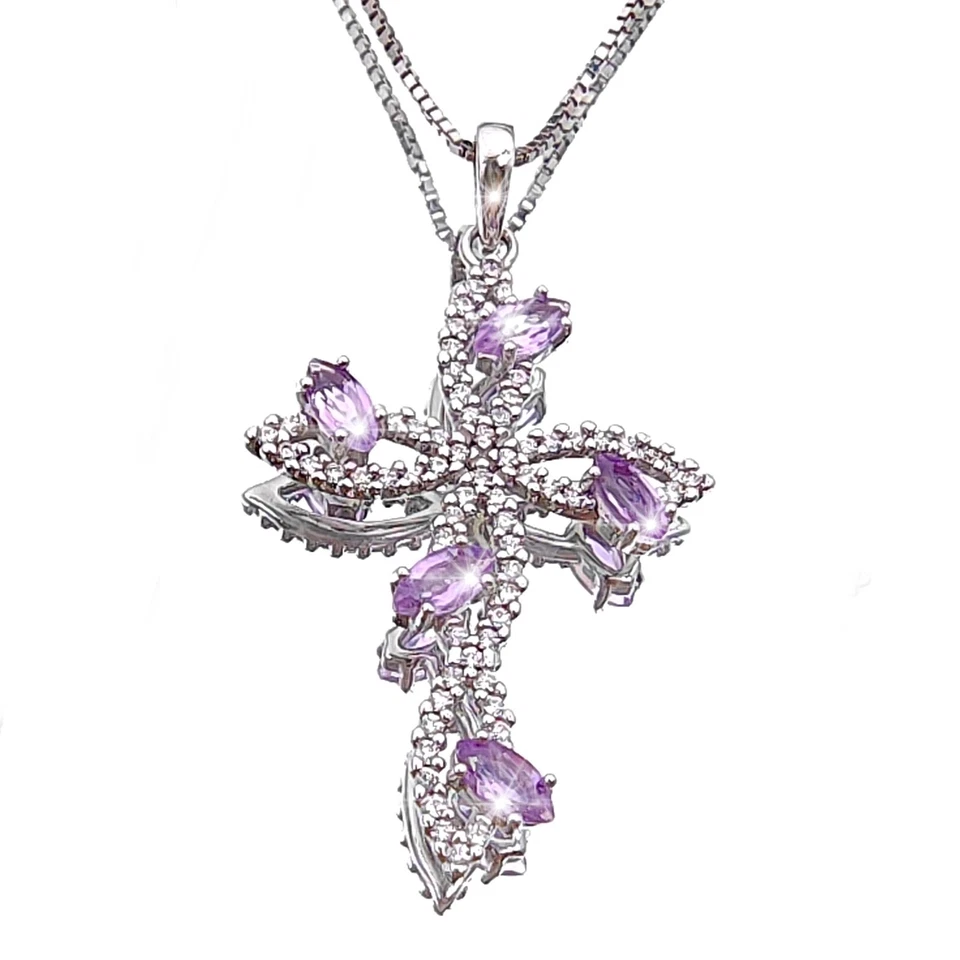 Collana in argento 925 Croce Pendente con Ametista girocollo da donna religioso - Immagine 3 di 4
