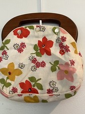 Vintage 1970s Flower Power Floral Design Cloth Purse With Wooden Handles