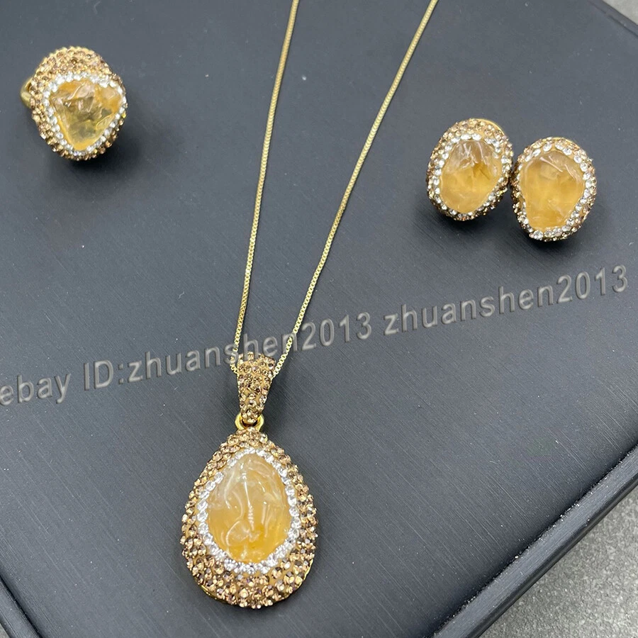 Natural Topaz Raw Gemstone  Inlay Gold Stud Earrings Ring Pendant Necklace Set  - Image 4 of 4