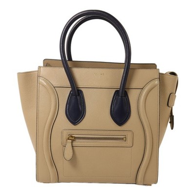 CELINE GHW Micro Luggage Tote Bag F-LA-0154 Calfskin Leather Beige/Navy