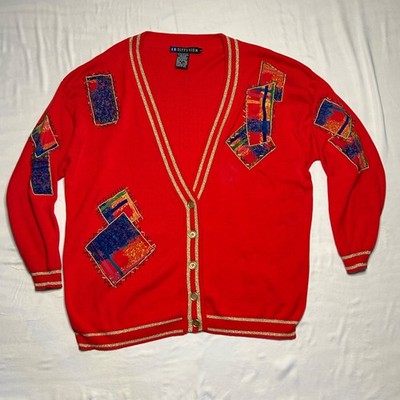 Vtg IB Diffusion Womens L Red Gold Varsity Cardigan Sweater New Wave 80s 90s