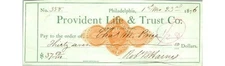 1876 Provident Life & Trust Co Check Philadelphia Banking Document, **Finance**