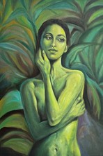 Grünes figuratives Frauenporträt – Ausdrucksstarkes Aktgemälde