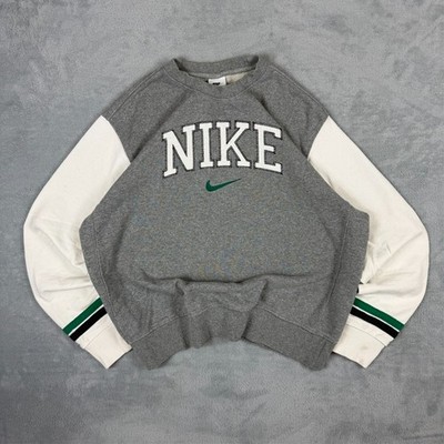 Vintage Nike grau weiß Spellout Varsity Collegiate Oversized Medium Sweatshirt