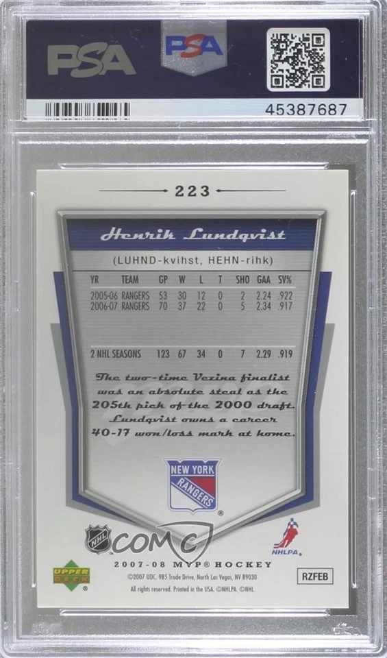 2007-08 Upper Deck MVP Henrik Lundqvist #223 PSA 9 MINT HOF - Image 2 of 2