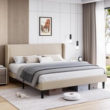 Full Queen King Size Wooden Platform Bed Frame with Upholstered Headboard