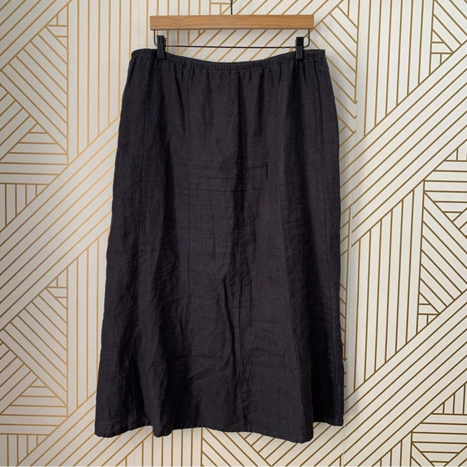 Flax 100% Linen charcoal A-Line Midi Skirt Flowy Lagenlook boho contemporary M