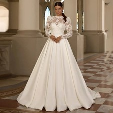 A-Line Satin Wedding Dress High Neck Long Sleeves Sequined Applique Bridal Gown