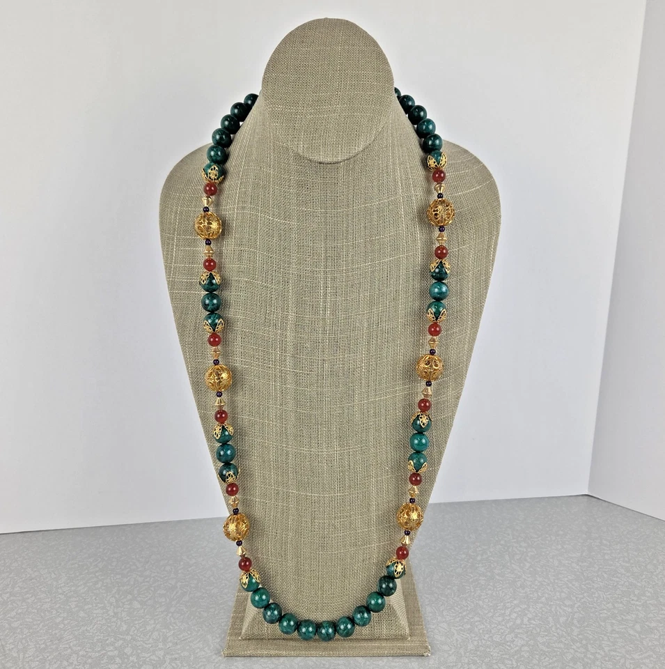Rosemary G Ro-Do Saks 5th Ave 项链 绿色 Howlite Carnelian 紫水晶 金色 复古 — 第 2/4 张图片