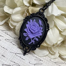 Halloween Gothic Purple Birthday Bridal Necklace Black Rose Cameo  Jewelry Gift