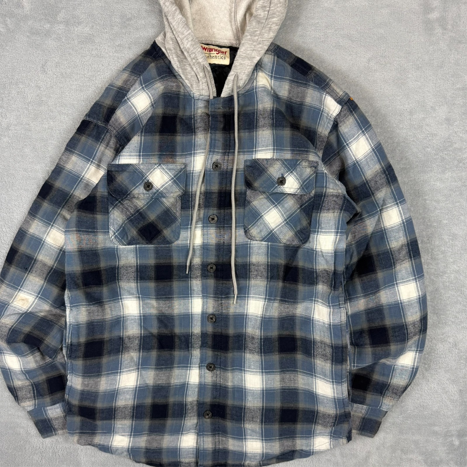 Vintage Wrangler Authentics 2000s Y2K Navy Blue Tartan Small Hooded Shirt Jacket image 4