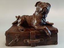 Bronze Resin Dog Figurine Signed J. L SPOUSE 'Pug on A Suitcase'  Heredities