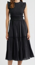 RAILS Black Tilda Ruffle Smocked Bodice Cotton Poplin Lyocell Midi Dress XS 0/2