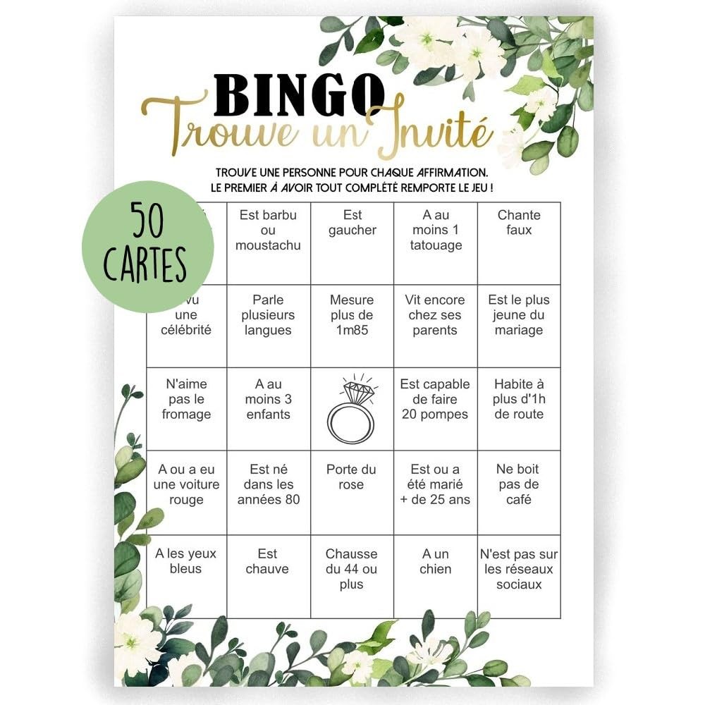 Cartes Bingo de Mariage en lot de 50 pour animation de loto convivial