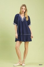 Umgee French Terry Mini Dress with Ruffled Striped Trim
