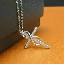 2 CT Round Cut White Moissanite Cross Pendant 14K White Gold Plated