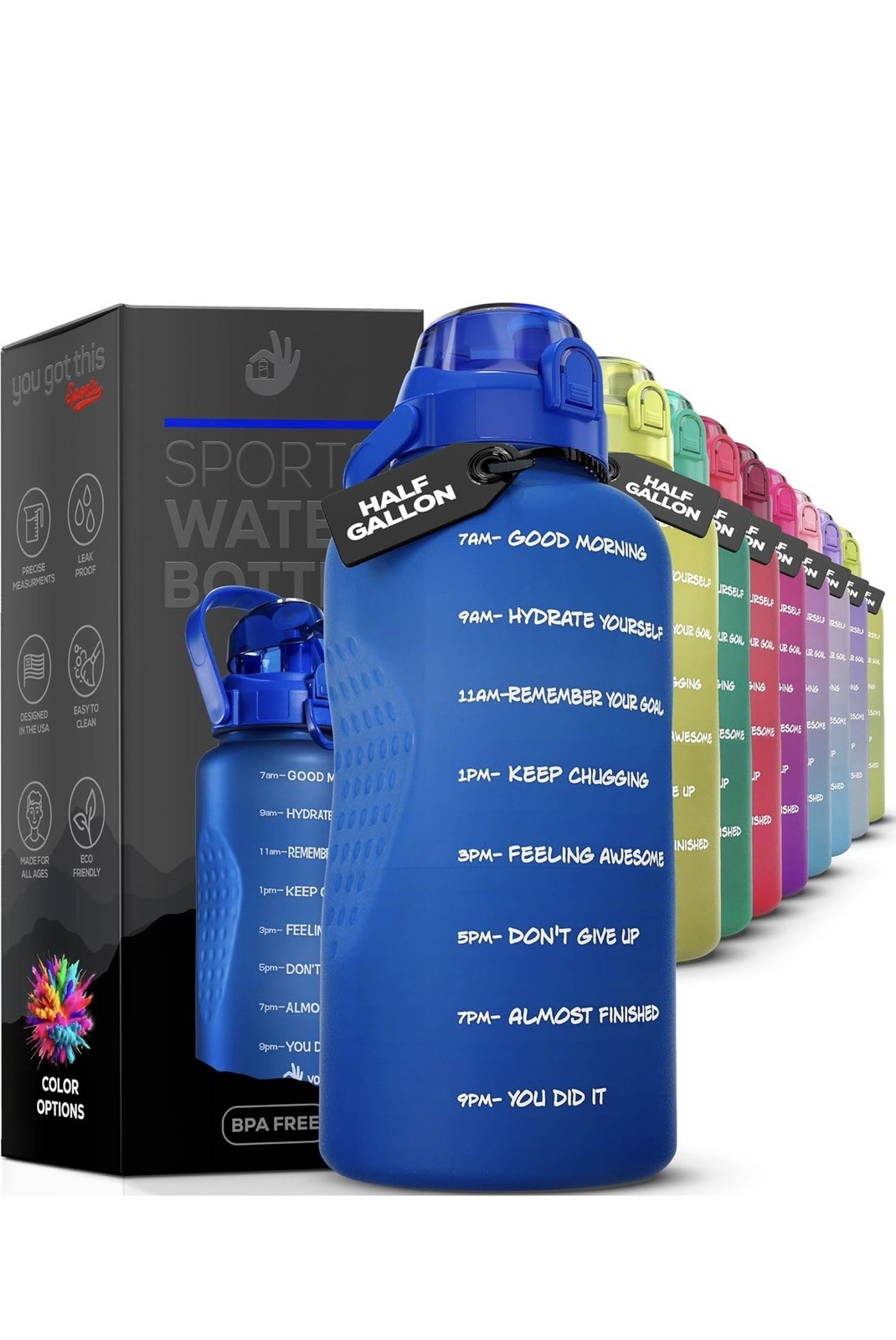 Motivational Water Bottle with Time Marker,Half Gallon Water