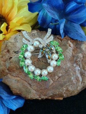 Vintage Eisenberg Margarita     Rhinestone Bow Pearl Wreath Pin Brooch