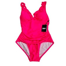 DKNY Women  s Size 10 Pink One Piece Swimsuit Ruffle Plunge Tummy Control New