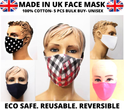 5 Stück x ECO GESICHTSMASKE! WASCHBARE ~ WIEDERVERWENDBARE - VORBEUGENDE MASKE! 100% Baumwolle UK-Unisex