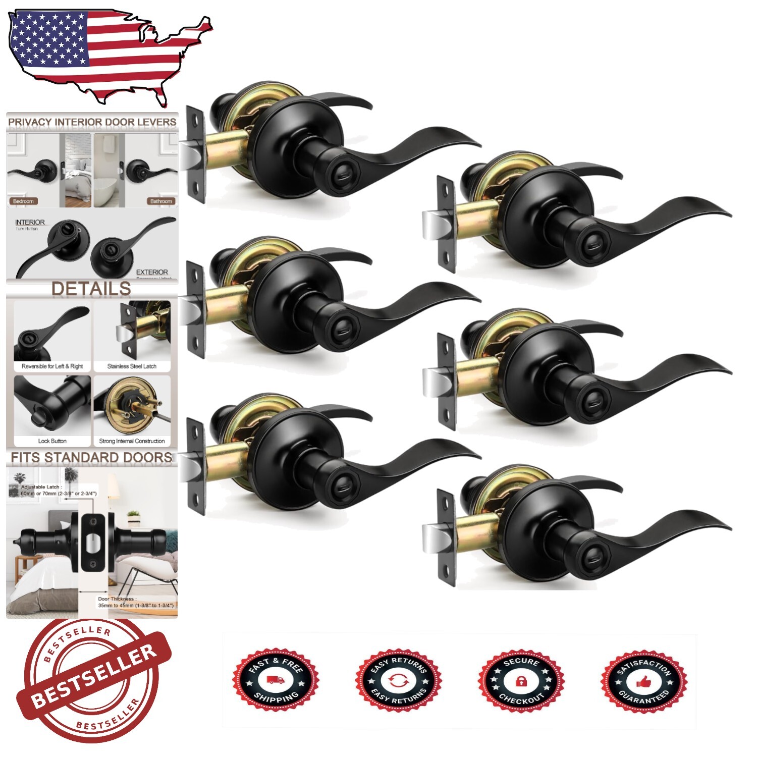 6 Pack Matte Black Door Handles - Heavy Duty Privacy Levers for Modern Homes