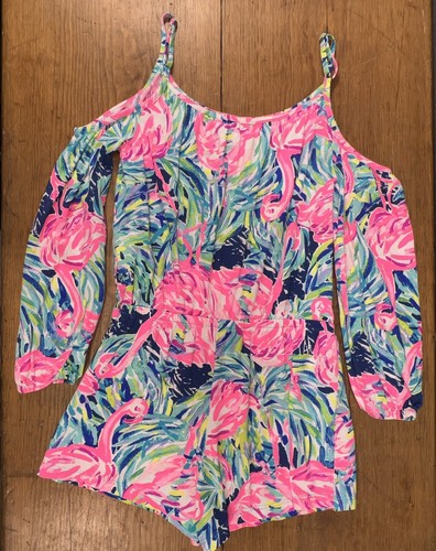 Lilly Pulitzer EUC Girls Mini Flamingo Romper Peep Shoulder Large 8-10 - Picture 7 of 7