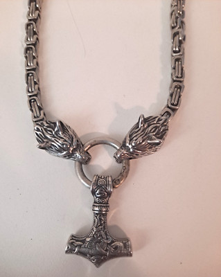 Wolf Head Pendant Necklace Thors Hammer Mjolnir Viking Norse Jewelry Heavy