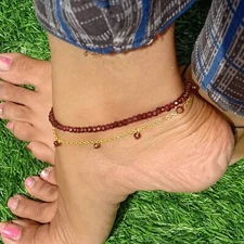 Natural Wine Red Garnet Beaded Ankle Bracelet Minimalist Birthstone Foot Anklet
